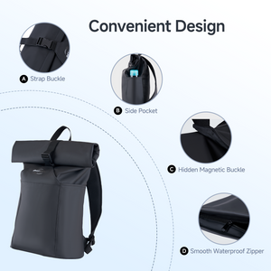Rolltop Backpack for Men Women, Lightweight,PU Waterproof Bag Laptop Backpack Fits 17 inch Laptop Large Capacity Adjustable 25L for Travel Sports Work University Camping,Black