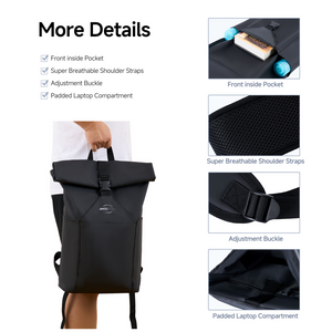 Rolltop Backpack for Men Women, Lightweight,PU Waterproof Bag Laptop Backpack Fits 17 inch Laptop Large Capacity Adjustable 25L for Travel Sports Work University Camping,Black