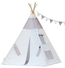 Load image into Gallery viewer, Gray White Teepee Package with floor, window, pocket, poles, LED light, flags banner and storage bag
