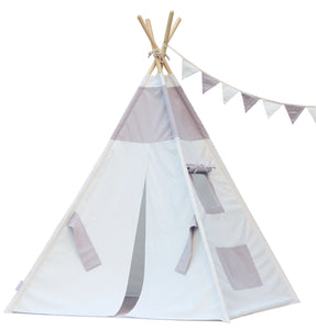 Gray White Teepee Package with floor, window, pocket, poles, LED light, flags banner and storage bag