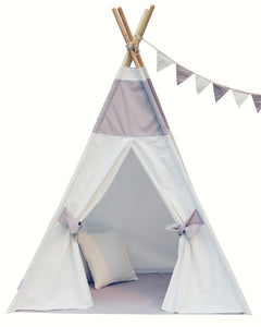 Gray White Teepee Package with floor, window, pocket, poles, LED light, flags banner and storage bag