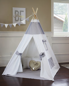 Gray White Teepee Package with floor, window, pocket, poles, LED light, flags banner and storage bag