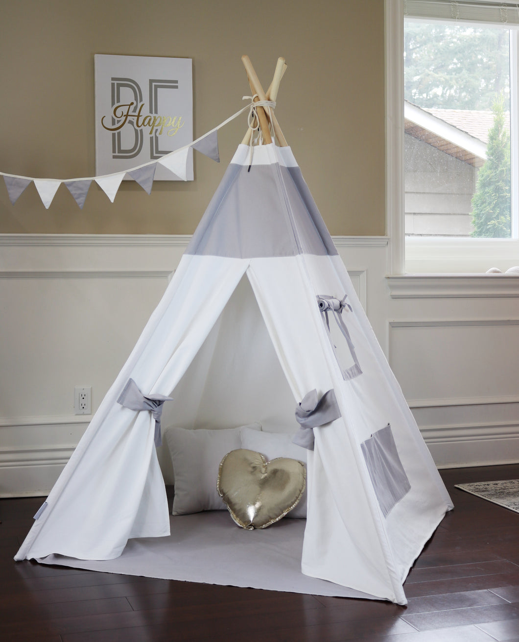 Gray White Teepee Package with floor, window, pocket, poles, LED light, flags banner and storage bag